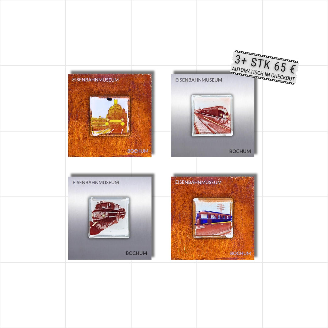 Edition 5/12. 4er Pott Glas Wand-Potträt mit Eisenbahnmuseum-Motiven. Abwechselnd auf Roststahl und Edelstahl im Quartett. Quadratisches Format mit Gravur. 3+ Set – ab 3 Stück nur 65 € pro Stück.