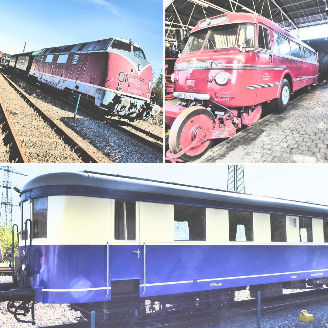 Sonderedition 5/12. Pott Glas Vorher-Collage. Zeigt 3 Vorher-Originalaufnahmen verschiedener historischer Loks im Eisenbahnmuseum Bochum.