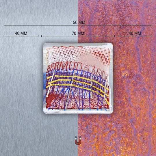 Edition 6/12. Edelstahl oder Roststahl nach Wahl. Pott Glas Wand-Potträt mit Bermuda3eck-Motiv in Rot &amp; Blau. Quadratisches Format inkl. Abmessungen.
