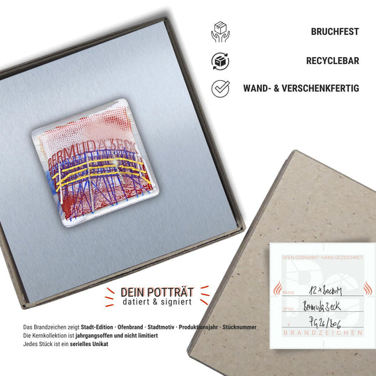 Edition 6/12. Verpackungsinfografik. Pott Glas Wand-Potträt mit Bermuda3eck-Motiv. Foto in Schmelzglas auf Edelstahl. Quadratisches Format ohne Gravur, wand- und verschenkfertig verpackt. Beiliegend ein Unikatskärtchen mit handgezeichnetem Brandzeichen.