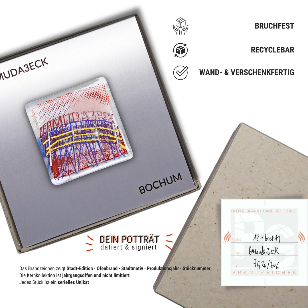 Edition 6/12. Verpackungsinfografik. Pott Glas Wand-Potträt mit Bermuda3eck-Motiv. Foto in Schmelzglas auf Edelstahl. Quadratisches Format mit Gravur, wand- und verschenkfertig verpackt. Beiliegend ein Unikatskärtchen mit handgezeichnetem Brandzeichen.