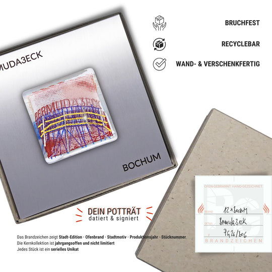 Edition 6/12. Verpackungsinfografik. Pott Glas Wand-Potträt mit Bermuda3eck-Motiv. Foto in Schmelzglas auf Edelstahl. Quadratisches Format mit Gravur, wand- und verschenkfertig verpackt. Beiliegend ein Unikatskärtchen mit handgezeichnetem Brandzeichen.