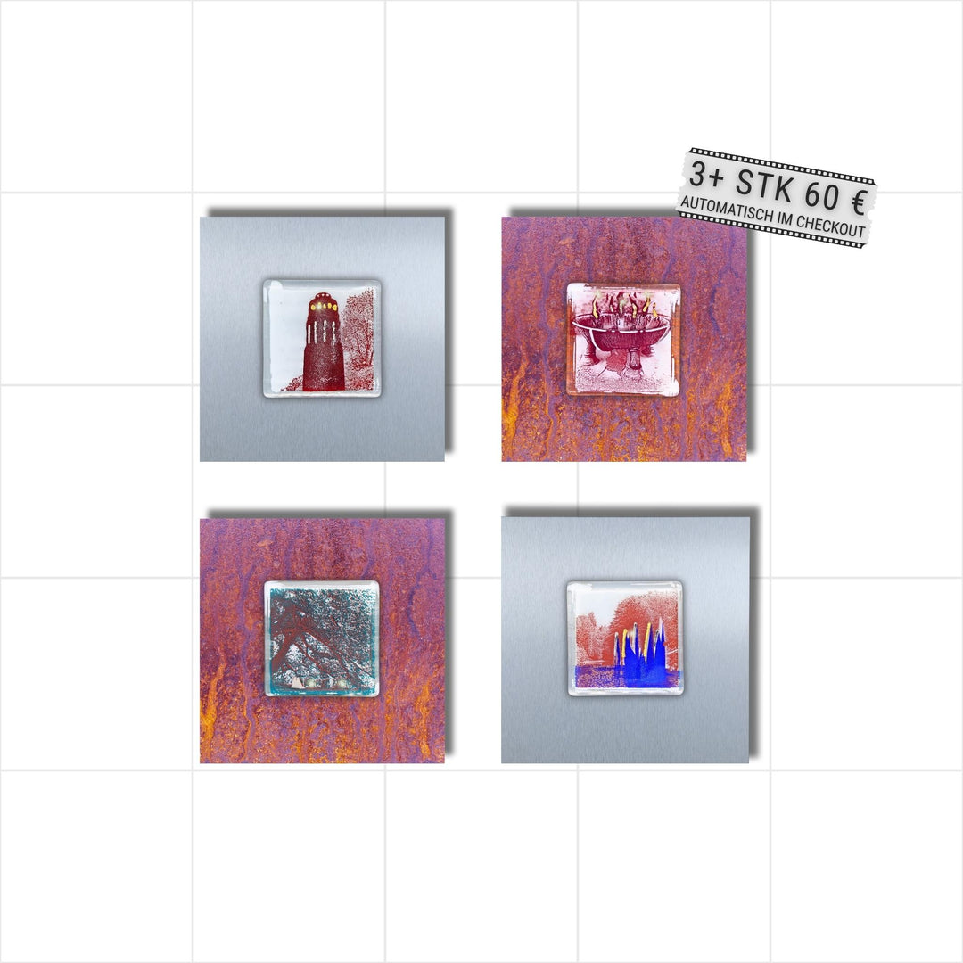 Edition 8/12. 4er Pott Glas Wand-Potträt mit Stadtpark-Motiven. Abwechselnd auf Roststahl und Edelstahl im Quartett. Quadratisches Format ohne Gravur. 3+ Set – ab 3 Stück nur 60 € pro Stück.