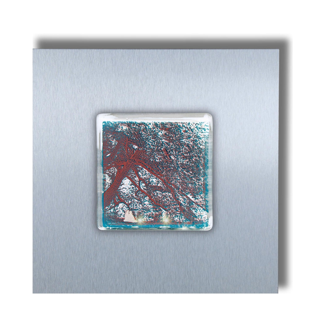 Edition 8/12. Pott Glas Wand-Potträt mit Stadtpark Baum-Motiv in Grün. Foto in Schmelzglas auf Edelstahl. Quadratisches Format ohne Gravur.