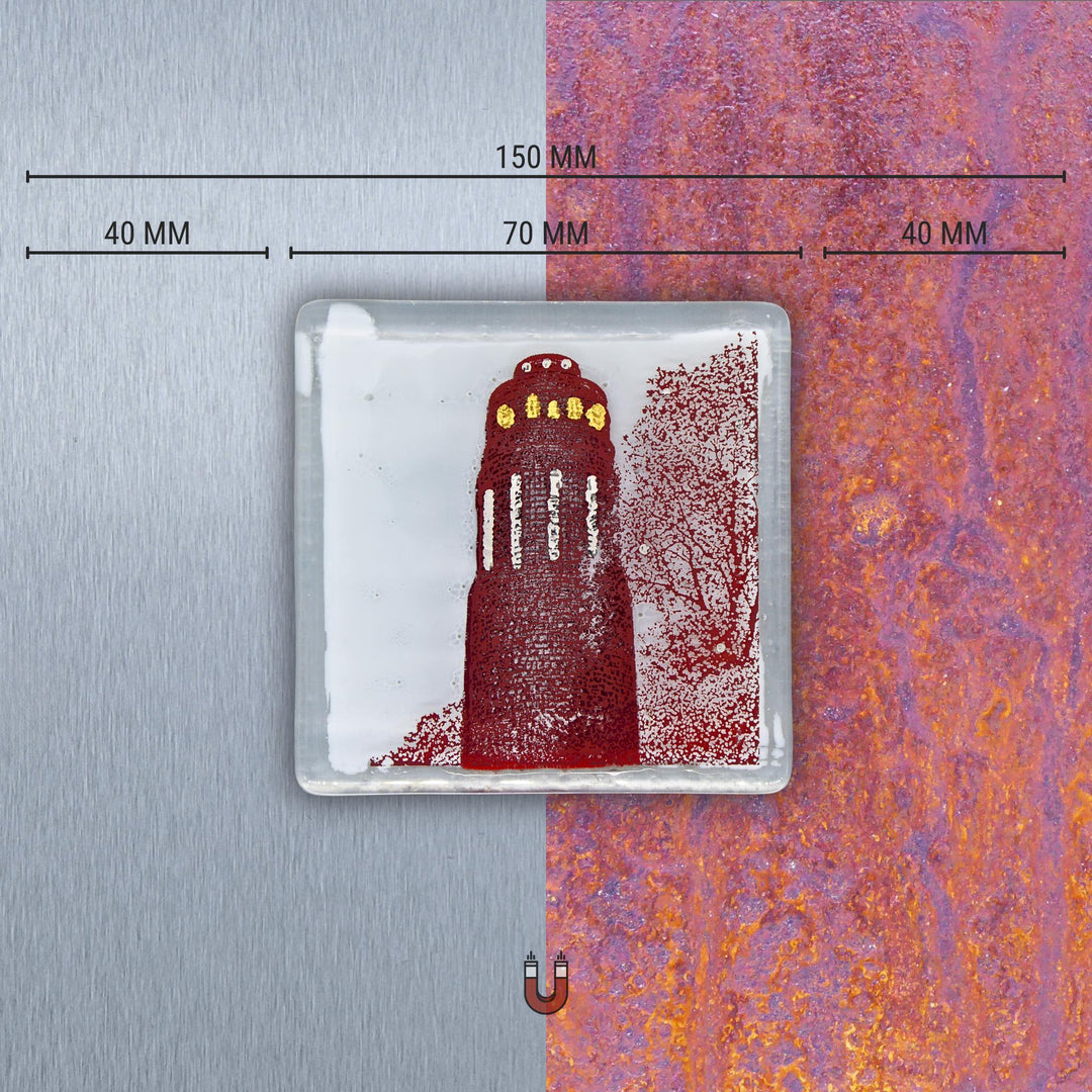 Edition 8/12. Edelstahl oder Roststahl nach Wahl. Pott Glas Wand-Potträt mit Stadtpark Bismarckturm-Motiv in Rot. Quadratisches Format inkl. Abmessungen.