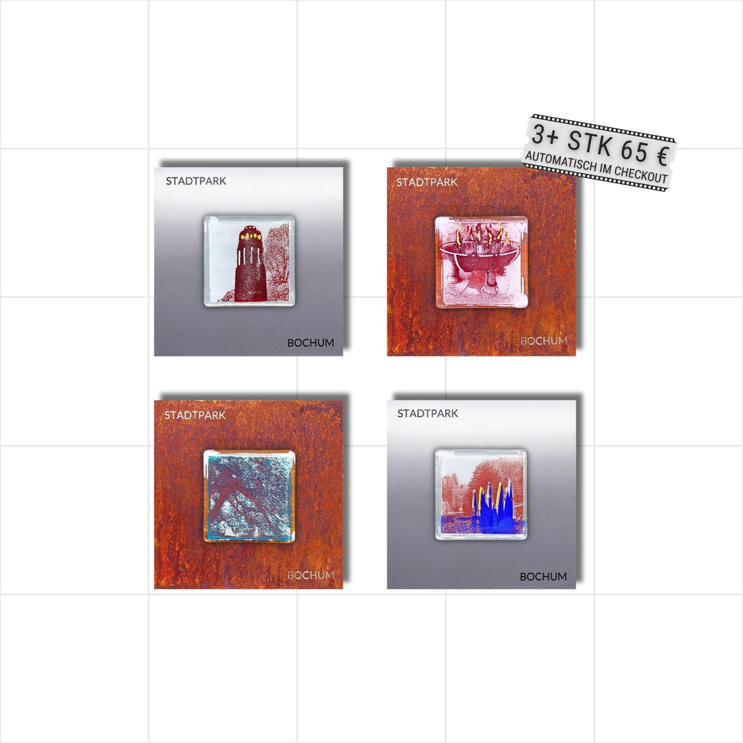 Edition 8/12. 4er Pott Glas Wand-Potträt mit Stadtpark-Motiven. Abwechselnd auf Roststahl und Edelstahl im Quartett. Quadratisches Format mit Gravur. 3+ Set – ab 3 Stück nur 65 € pro Stück.