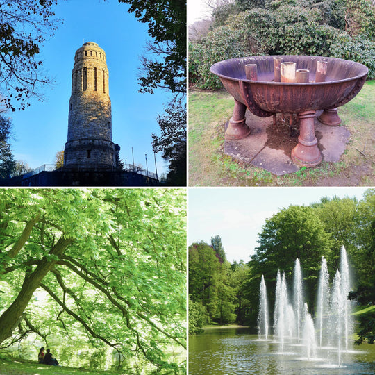 Sonderedition 8/12. Pott Glas Vorher-Collage. Zeigt 4 Vorher-Originalaufnahmen im Stadtpark Bochum: Bismarckturm, Feuerschale, Pläuschken unterm Baum &amp; Fontäne.