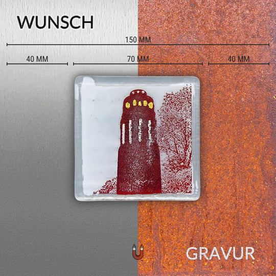 Edition 8/12. Wunschgravur auf Edelstahl oder Roststahl. Pott Glas Wand-Potträt mit Stadtpark Bismarckturm-Motiv in Rot. Quadratisches Format inkl. Abmessungen.