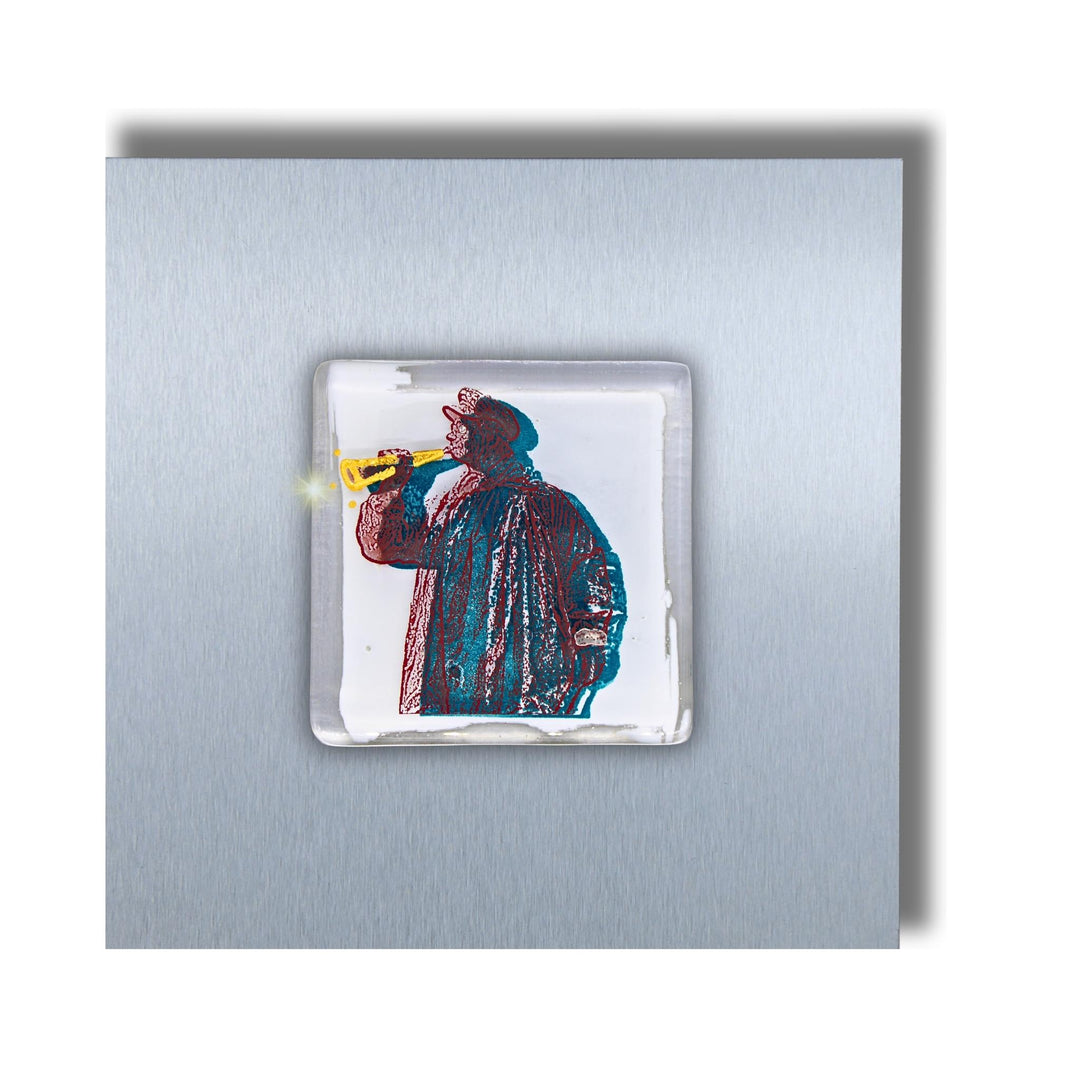 Edition 9/12. Pott Glas Wand-Potträt mit Kuhhirte-Motiv in Grün. Foto in Schmelzglas auf Edelstahl. Quadratisches Format ohne Gravur. 
