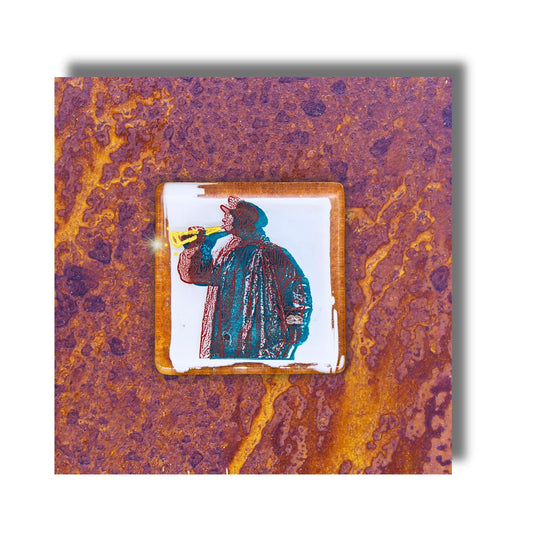 Edition 9/12. Pott Glas Wand-Potträt mit Kuhhirte-Motiv in Grün. Foto in Schmelzglas auf Roststahl. Quadratisches Format ohne Gravur. 