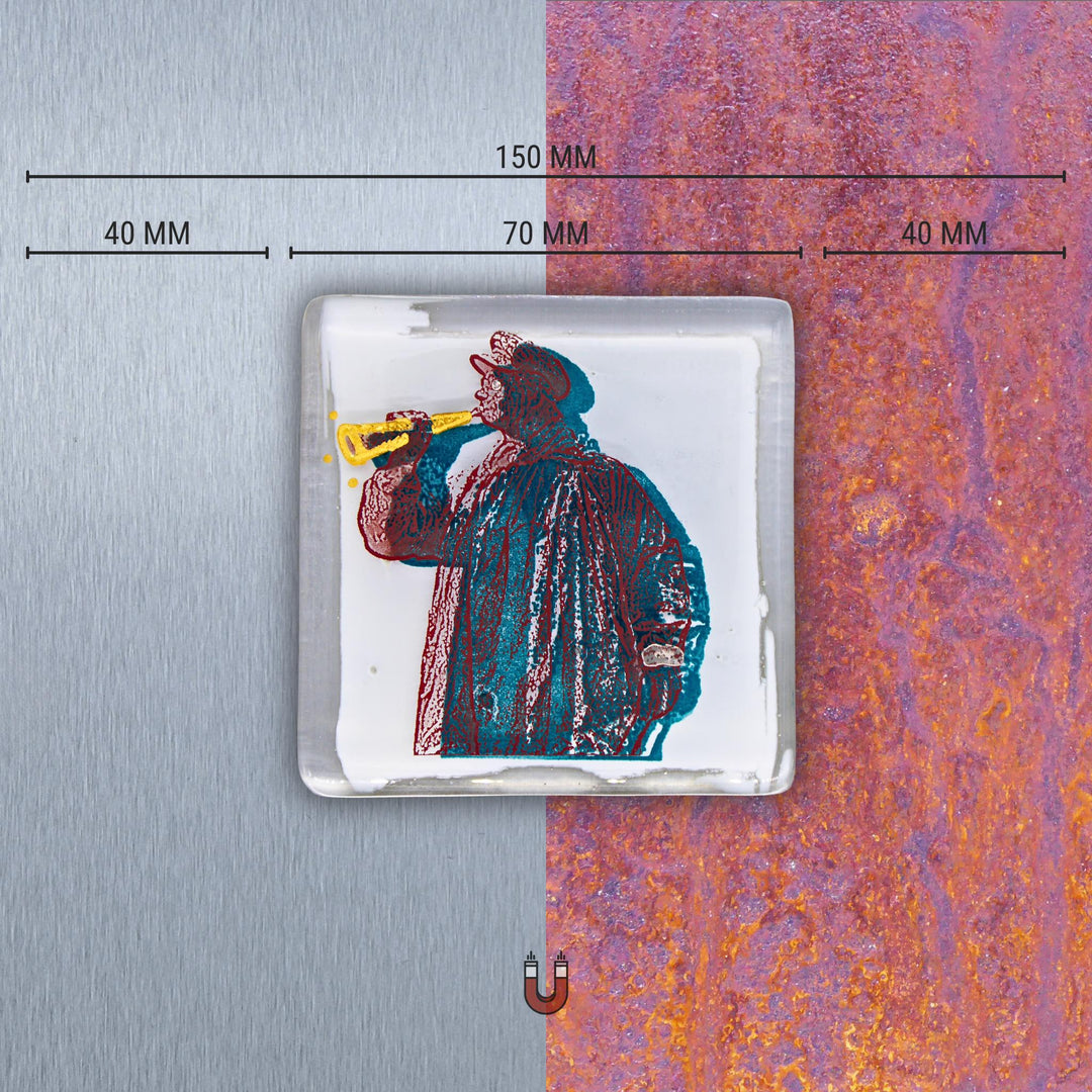Edition 9/12. Edelstahl oder Roststahl nach Wahl. Pott Glas Wand-Potträt mit Kuhhirte-Motiv in Grün. Quadratisches Format inkl. Abmessungen.