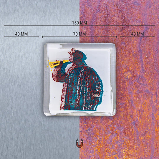 Edition 9/12. Edelstahl oder Roststahl nach Wahl. Pott Glas Wand-Potträt mit Kuhhirte-Motiv in Grün. Quadratisches Format inkl. Abmessungen.