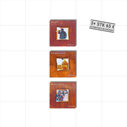 Edition 9/12. Vertikales 3er Pott Glas Wand-Potträt mit Kuhhirte-, Dampflok- und Förderturm-Motiv. Alle auf Roststahl. Quadratisches Format mit Gravur. 3+ Set – ab 3 Stück nur 65 € pro Stück.