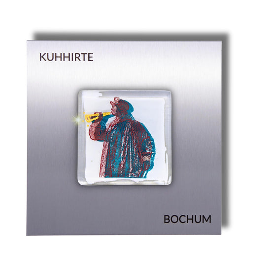 Edition 9/12. Pott Glas Wand-Potträt mit Kuhhirte Denkmal-Motiv in Grün. Foto in Schmelzglas auf Edelstahl. Quadratisches Format mit Gravur „Kuhhirte Bochum“.
