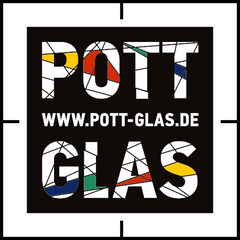 Web-Logo: Pott Glas in 4 Ruhrstadt-Farben: Gelb, Rot, Grün, Blau. Quadratisch zentriert im Kamera Fokus.