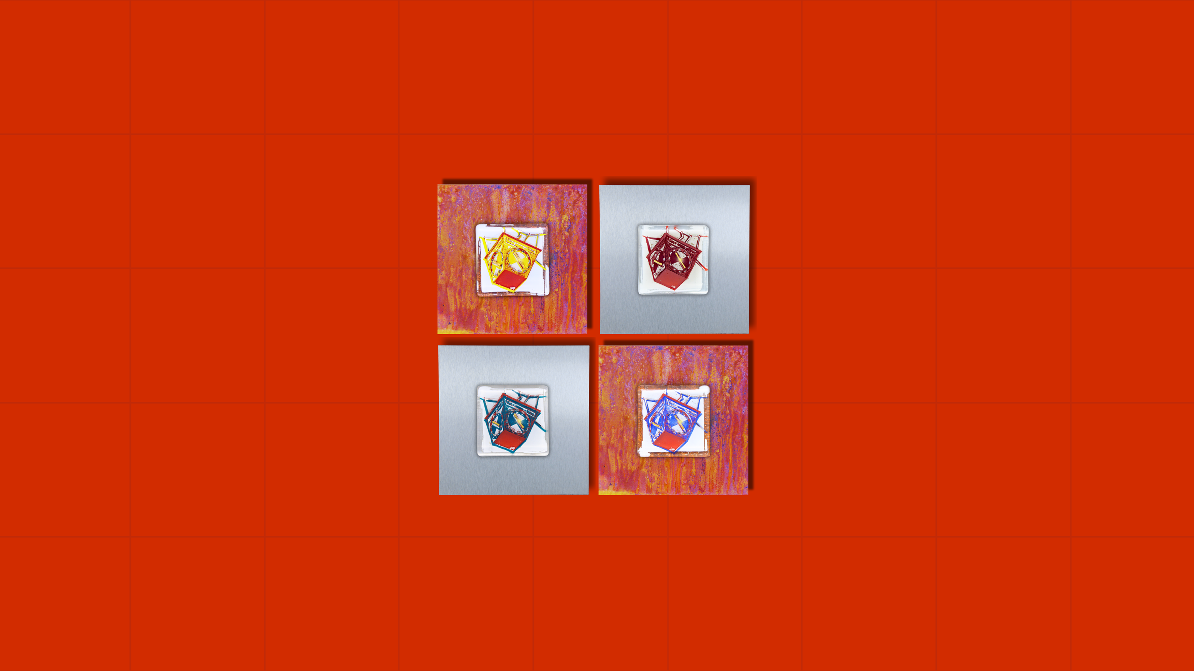 Pott Glas Manufaktur Slider 5: "Dein Potträt". Zeigt 4er Wand-Potträt: 2 auf Roststahl, 2 auf Edelstahl, abwechselnd im Quartett. Quadratisches Format. Motivbeispiel: Heuer-Ampel Bochum in Gelb, Rot, Grün und Blau.