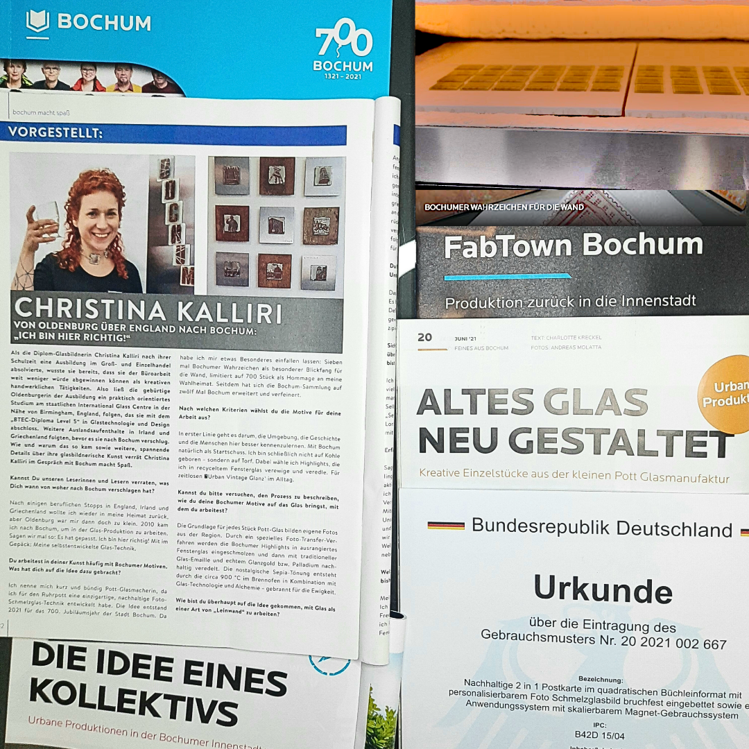 Ausschnitte positiver Presseberichte und Patentamt Eintragung: BOMA 700 Jahre Jubiläumsausgabe, Bochum macht Spaß – Vorgestellt, Urbane Produktion, Designmuster Urkunde.