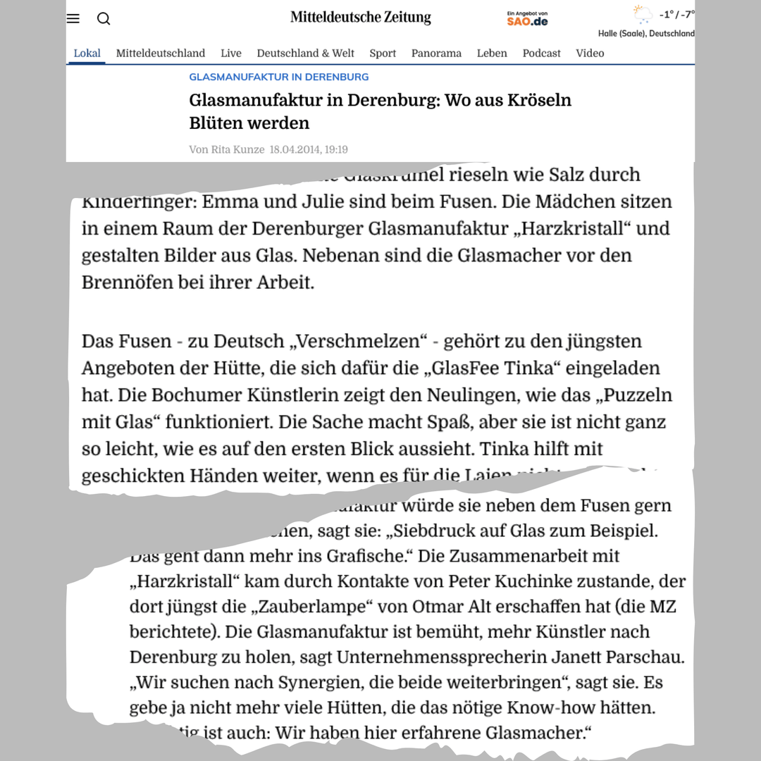 Mitteldeutsche Zeitung: "Wo aus Kröseln Blüten werden" Glasfee Workshops @ Glasmanufaktur Harzkristall, Derenburg.