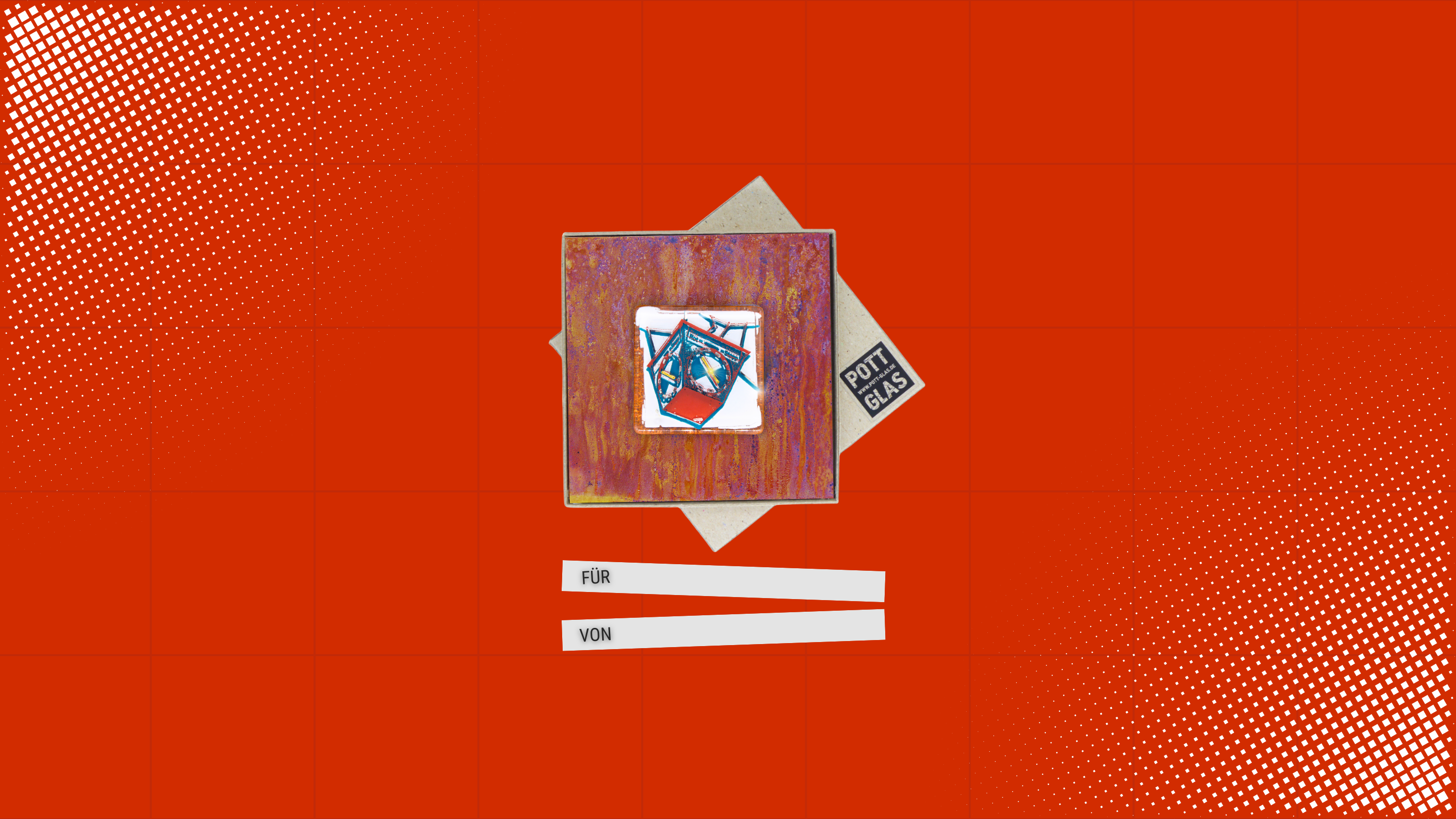 Homepage Slider 1: Pop Art Infografik mit Namensbalken und Schriftzug "Für – Von". Zeigt ein Pott Glas Wand-Potträt auf Roststahl, verschenkfertig und nachhaltig verpackt in offener Naturkartonage mit Logo auf Stülpdeckel. Motivbeispiel: Heuer-Ampel Bochum in Grün.