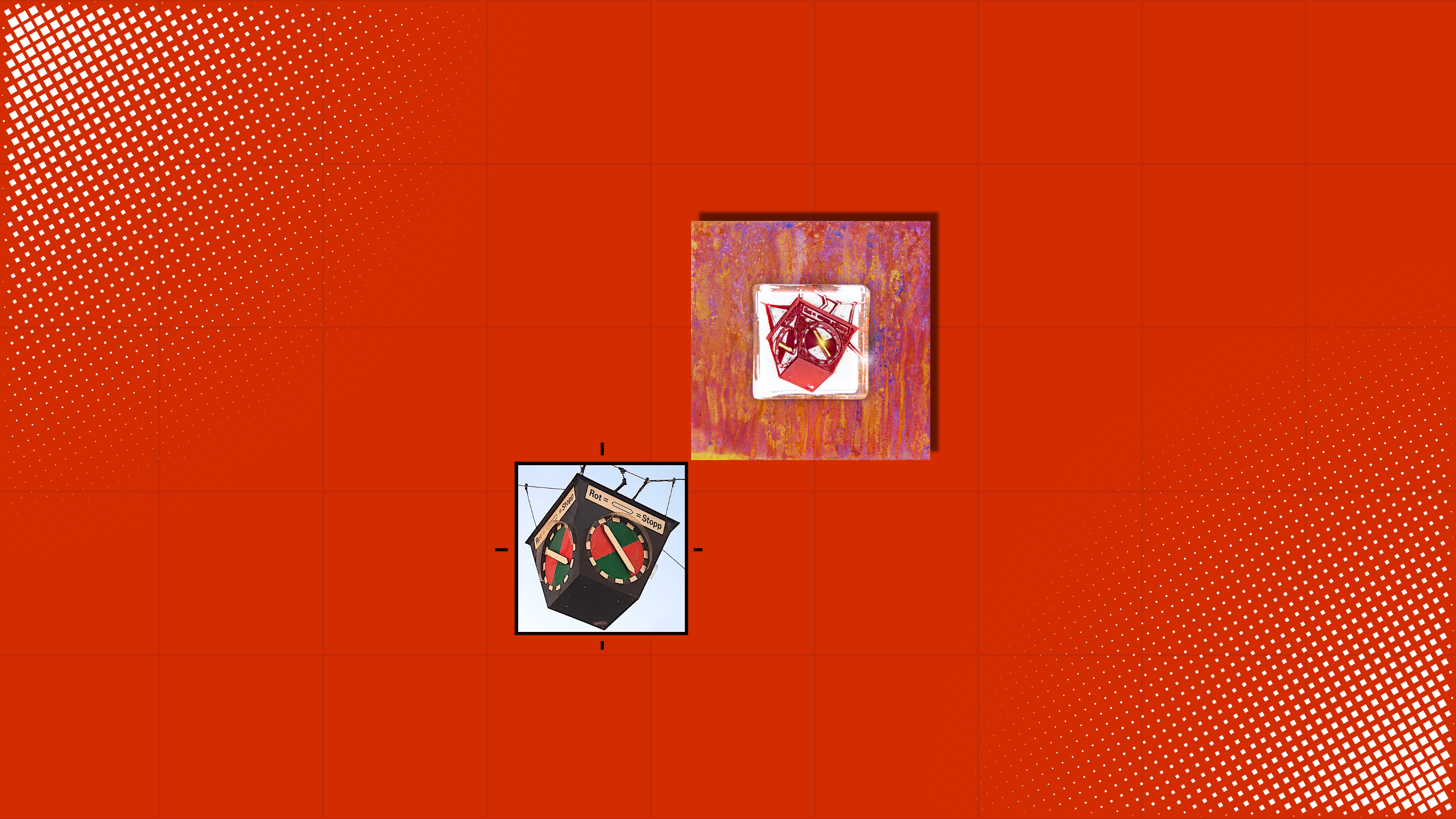 Homepage Slider 2: Pop Art Infografik mit Vorher-Motiv im Schnappschuss-Rahmen und Nachher Pott Glas Wand-Potträt auf Roststahl. Motivbeispiel: Heuer-Ampel Bochum in Rot.