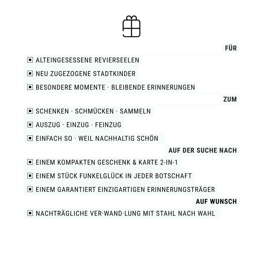 POTT GLAS Infografik mit Text für Zielgruppe. Auflistung für alteingesessene Revierseelen, neu zugezogene Stadtkinder, besondere Momente und bleibende Erinnerungen. Einsatzbereiche zum Schenken, Schmücken und Sammeln sowie zum Auszug, Einzug und Feinzug. Hinweis auf kompakte Geschenkidee &amp; Karte 2-in-1. Auf Wunsch nachträgliche Verwandlung mit Stahl nach Wahl.