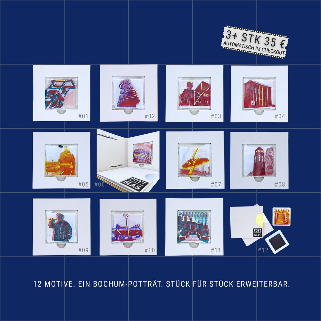 POTT GLAS Motivübersicht · Inlay-Karte: Zeigt alle 12 nummerierten Magnet-Potträts der Bochum-Kollektion auf blauem Rasterhintergrund. Nummer 01 bis 12 als Schmelzglas-Stadtmotive im Karten-Inlay mit Hinweis „3+ Set – ab 3 Stück für 35 € pro Stück – automatisch im Checkout“. Die 12 Motive sind Stück für Stück erweiterbar und bilden gemeinsam ein individuelles Stadt-Porträt.