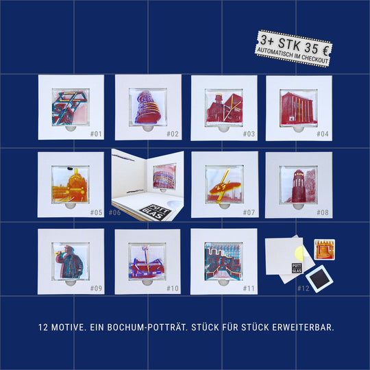 POTT GLAS Motivübersicht · Inlay-Karte: Zeigt alle 12 nummerierten Magnet-Potträts der Bochum-Kollektion auf blauem Rasterhintergrund. Nummer 01 bis 12 als Schmelzglas-Stadtmotive im Karten-Inlay mit Hinweis „3+ Set – ab 3 Stück für 35 € pro Stück – automatisch im Checkout“. Die 12 Motive sind Stück für Stück erweiterbar und bilden gemeinsam ein individuelles Stadt-Porträt.