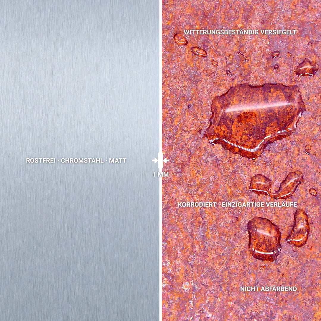 POTT GLAS Materialvergleich Edelstahl und Roststahl. Links gebürsteter Edelstahl. Rechts versiegelter Roststahl mit abperlenden Wassertropfen. Zeigt 1 mm Materialstärke sowie Eigenschaften wie rostfrei, wetterbeständig versiegelt und nicht abfärbend.