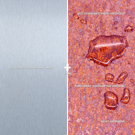 POTT GLAS Materialvergleich Edelstahl und Roststahl. Links gebürsteter Edelstahl. Rechts versiegelter Roststahl mit abperlenden Wassertropfen. Zeigt 1 mm Materialstärke sowie Eigenschaften wie rostfrei, wetterbeständig versiegelt und nicht abfärbend.