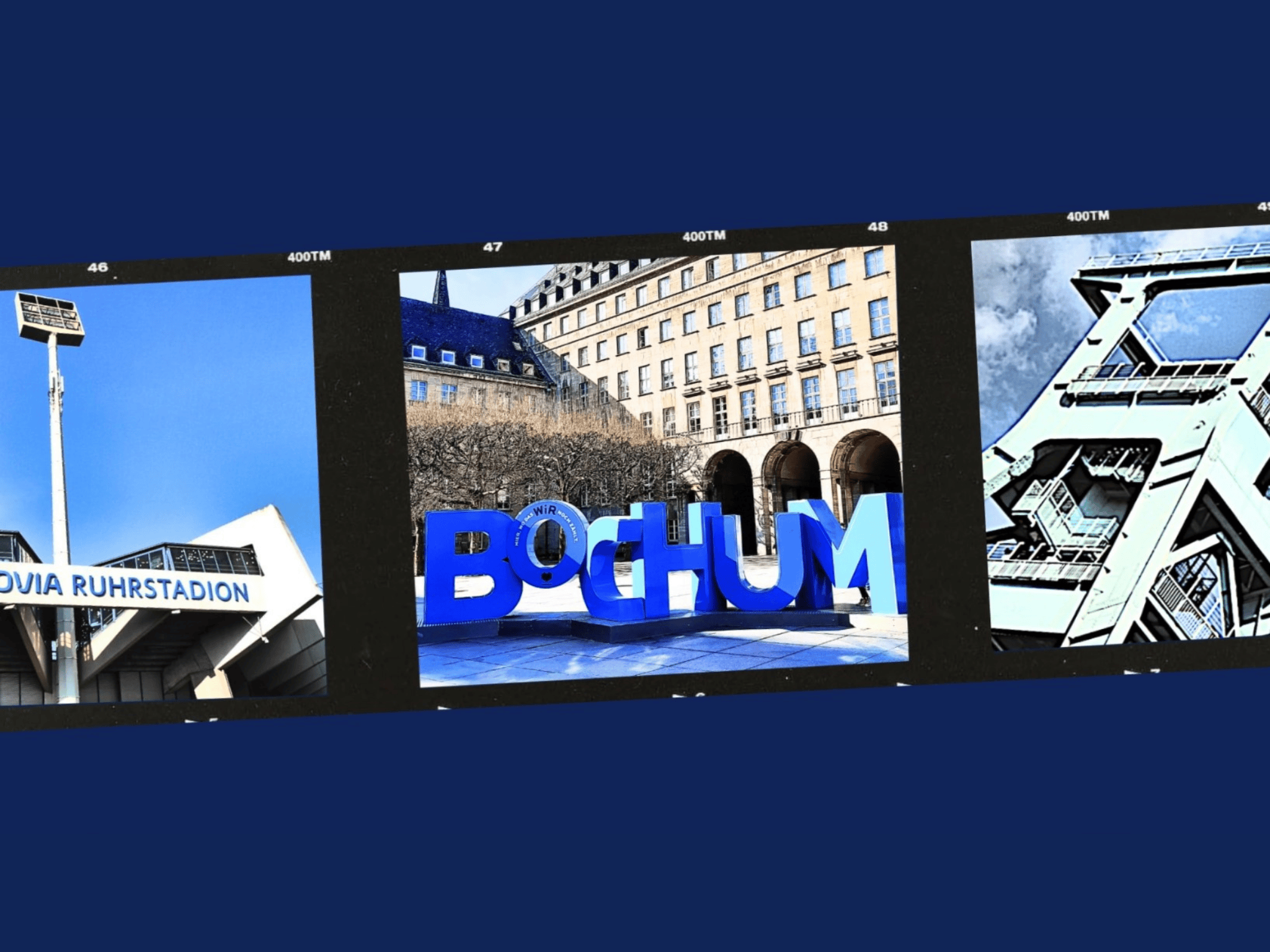Blog 2 Filmstreifen Titelbild: Bochum als erster Stopp der Pott Glas ManufakTour durchs Ruhrgebiet. Zeigt das Ruhrstadion, Bochum Foto-Point am Rathaus und den Förderturm als Bildband auf blauem Hintergrund. 