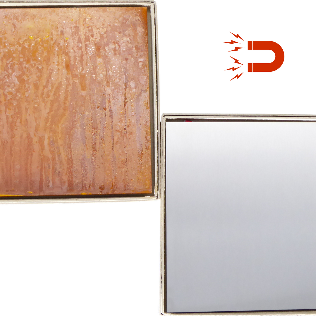 Infografik Ver-wand-lung: Zeigt zwei Pott Glas Stahlträger in Roststahl und Edelstahl mit Magnet Symbol.