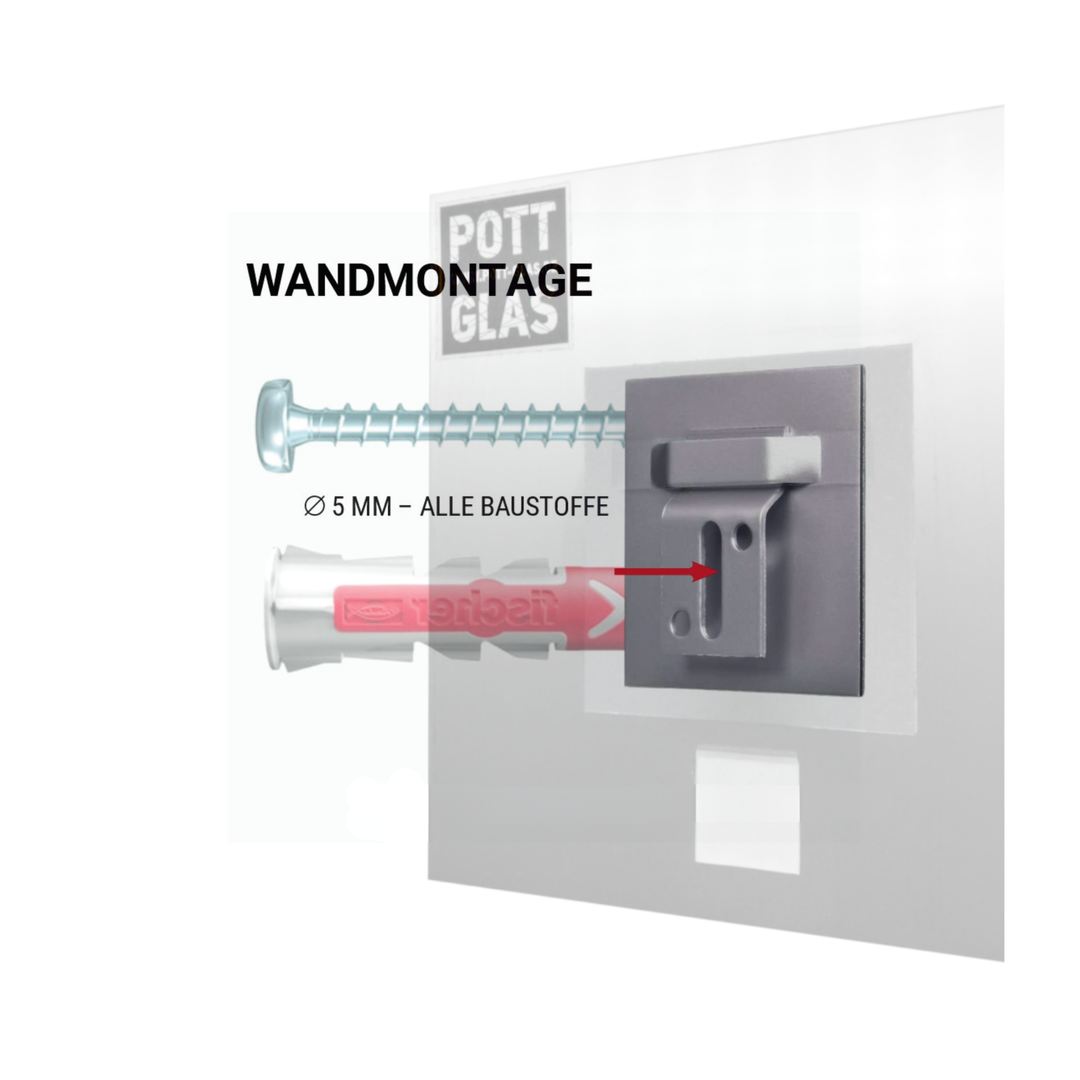 Pott Glas Infografik zur Wandmontage. Zeigt Schraube und Dübel mit 5 mm Durchmesser für alle Baustoffe sowie die rückseitige Wandhalterung des Potträts.