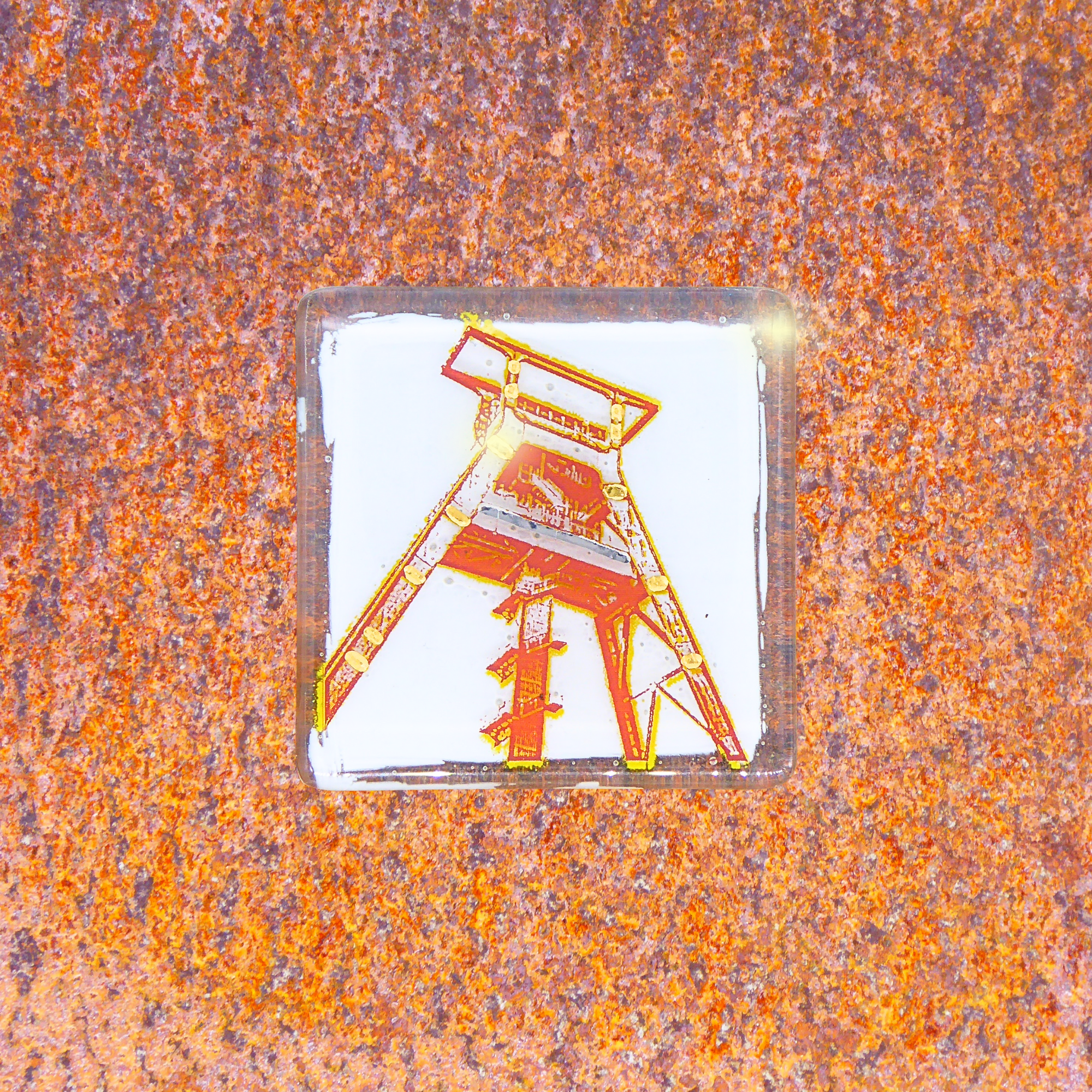 Pott Glas "Dein Steel" Stahl nach Wahl: Roststahl. Förderturm Motivbeispiel.